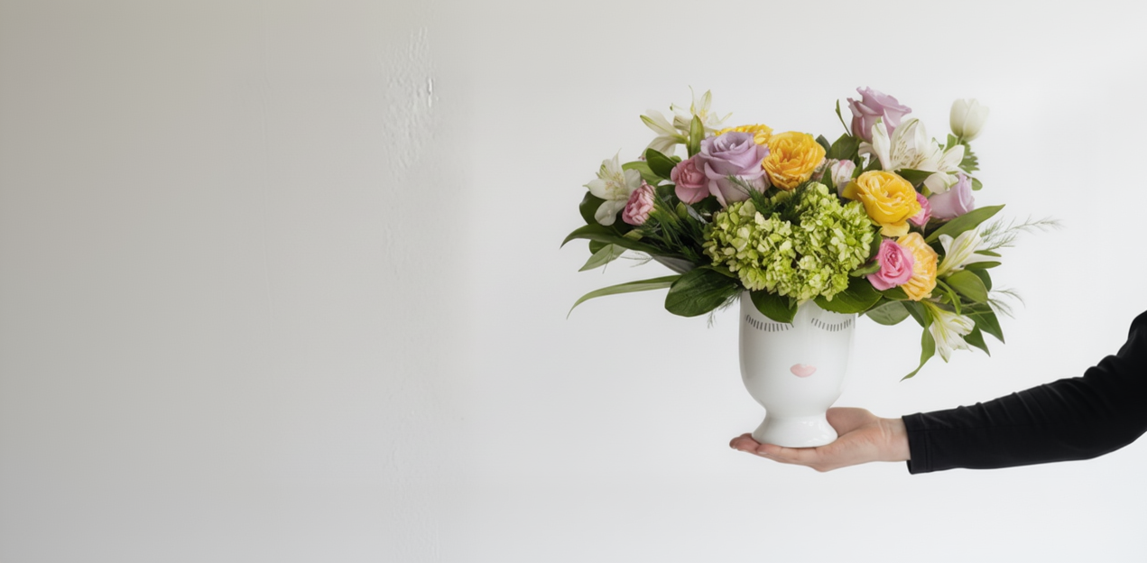 Bouquet of flowers in a white vase held by a person against a light gray background by Flair Flower Bar in Florence, Kentucky for Cincinnati and Northern Kentucky Florist