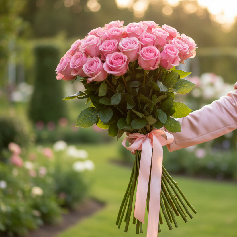 Bouquet of pink roses with a pink ribbon held by a person in a garden setting.