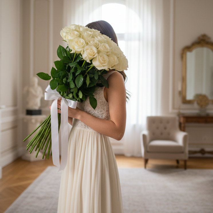 Woman holding a bouquet of white roses in a elegant room.