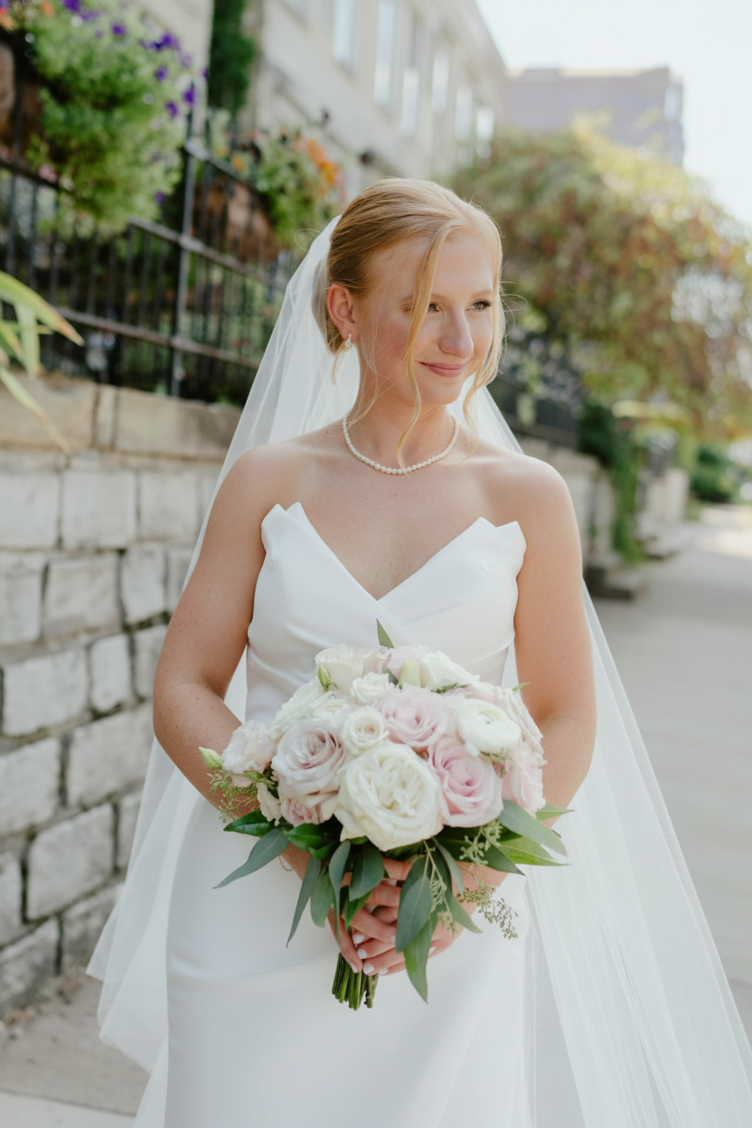 Bride holding a luxury blush and white rose bridal bouquet by Flair Flower Bar & Studio, wedding florist serving Cincinnati and Northern Kentucky