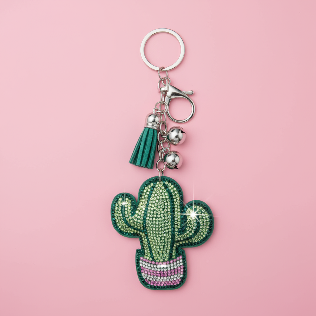 Cactus-shaped keychain with rhinestones on a white background