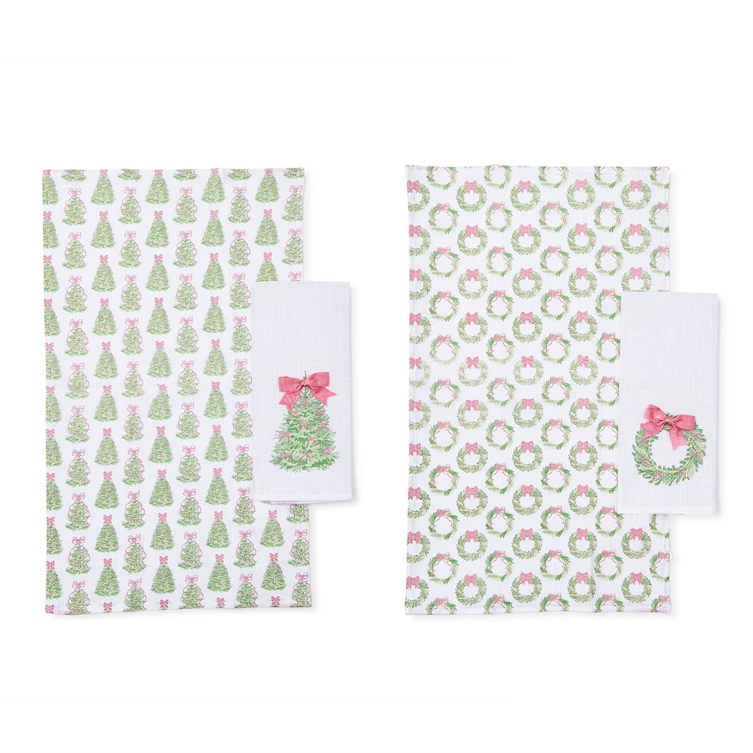 Two fabric swatches with Christmas tree and wreath patterns on a white background