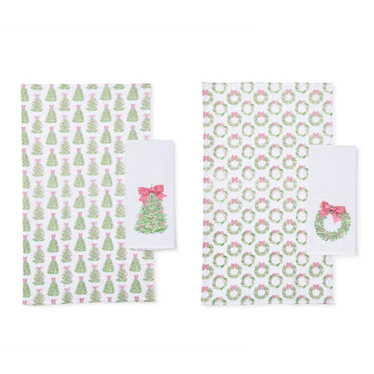 Two fabric swatches with Christmas tree and wreath patterns on a white background
