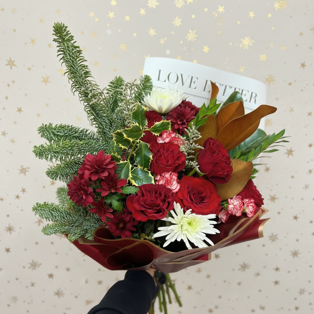 A Christmas Love Bouquet featuring a mix of red and green flowers, including roses and holly, wrapped in complimenting wrap