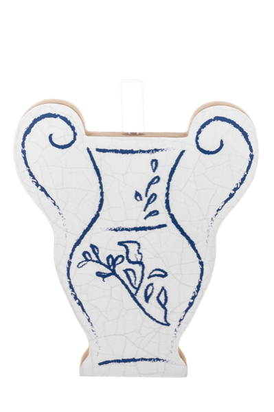 Decorative budvase with blue floral design on a white background