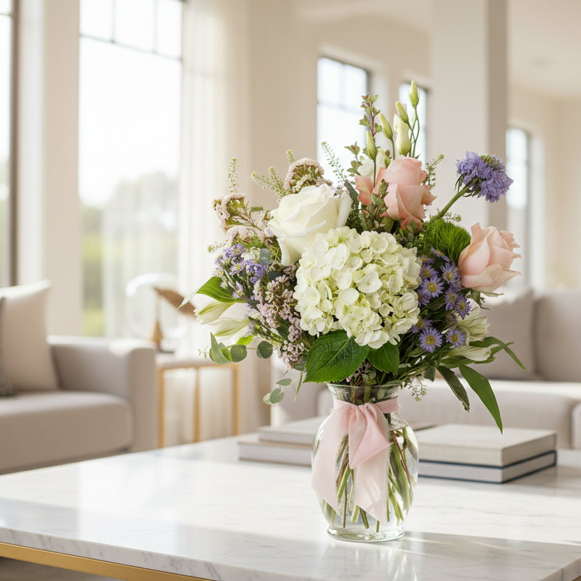 Bouquet of flowers in a vase on a marble table in a living room by Flair Flower Bar & Studio