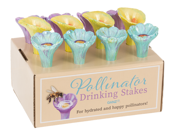 Box of Pollinator Drinking Stakes with colorful stake designs on a white background