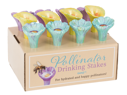 Box of Pollinator Drinking Stakes with colorful stake designs on a white background