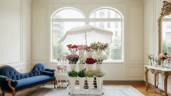 Flower Bar Rental display with a white umbrella in an indoor setting in Cincinnati