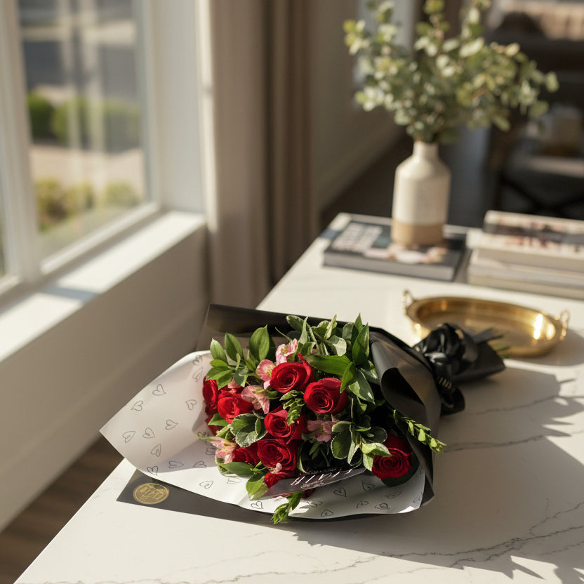 A bouquet of red roses and pink flowers wrapped in black paper and white patterned  paper, placed on a white tabletop, by Flair Flower Bar in Florence, Kentucky