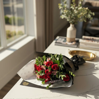 A bouquet of red roses and pink flowers wrapped in black paper and white patterned  paper, placed on a white tabletop, by Flair Flower Bar in Florence, Kentucky