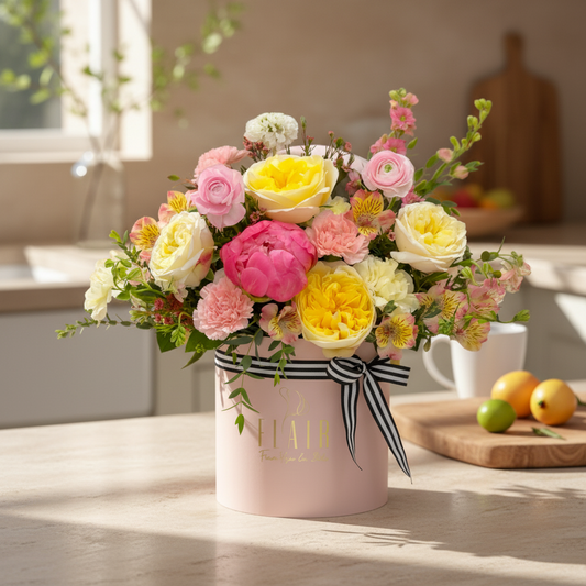 Bouquet of flowers in a pink box with a black and white ribbon on a blurred background
