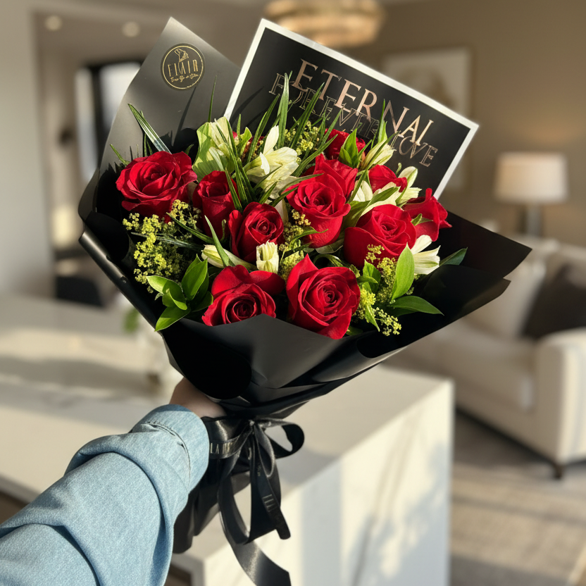 A hand wrapped in a blue denim sleeve holds a black-wrapped bouquet of red roses with green leaves and white lilies, featuring a black card that reads 'ETERNAL LOVE'.