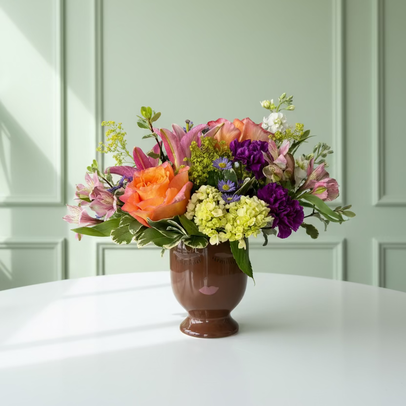A vibrant floral arrangement featuring pink lilies, an orange rose, purple carnations, yellow hydrangeas, and green foliage, presented in a brown ceramic pedestal vase on a white table by Flair Flower Bar & Studio