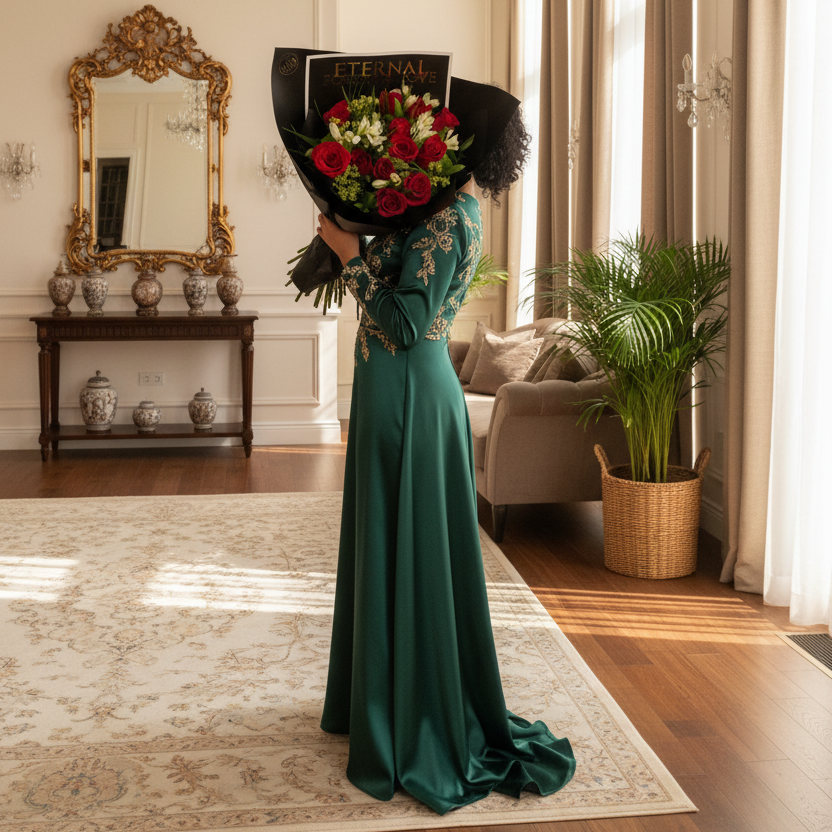 Dozen rose bouquet in elegant presentation held by formally dressed woman in beautiful home for local delivery in Cincinnati by Flair FLower Bar in Florence Kentucky