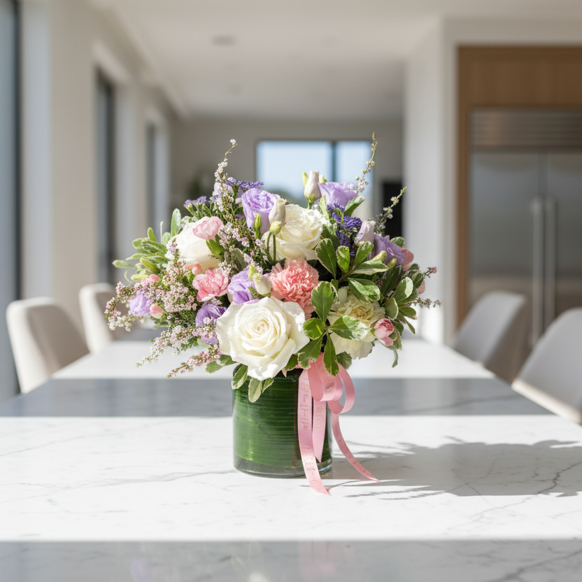 Bouquet of flowers in a green vase with a pink ribbon on a kitchen table for delivery in Cincinnati by Flair Flower Bar