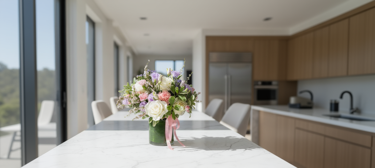 Floral arrangement from Flair Flower Bar in Florence, Kentucky in a modern kitchen with large windows. Delivery to Cincinnati and Northern Kentucky