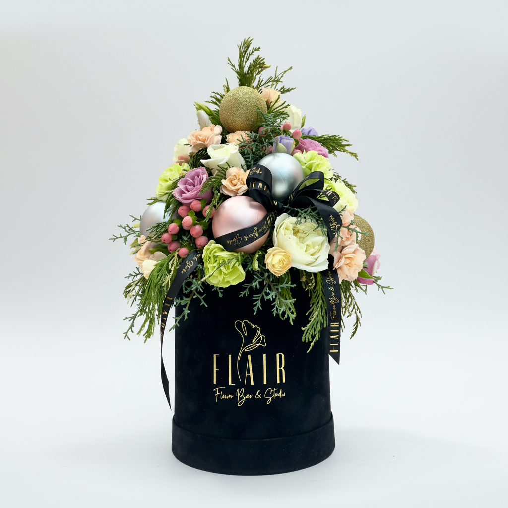 Decorative floral arrangement with ornaments on a black box labeled 'Flair' against a light gray background.