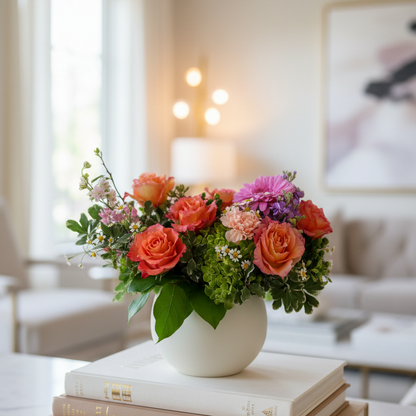 A vibrant floral arrangement in Cincinnati home featuring coral and pink roses, purple flowers, green hydrangeas, and small white daisies in a round white pot, set on a stack of luxury books designed by Flair Flower Bar & Studio