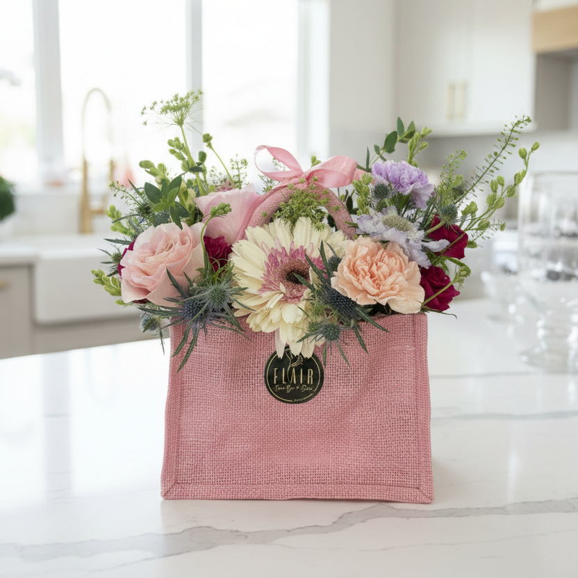 Floral arrangement in a pink tote bag by Flair Flower Bar in Florence, Kentucky for local delivery in Cincinnati area