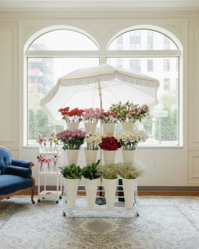 Flower Bar Rental Cart with umbrella in luxury room in Cincinnati