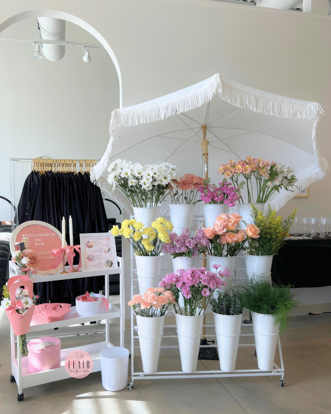 Flower Bar Rental Display with white pots and colorful flowers in a store Union Kentucky.