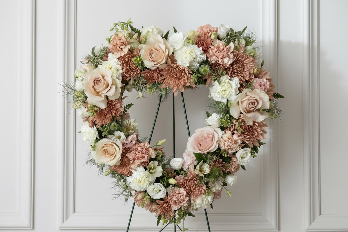 Heart-shaped floral arrangement with blush pink, peach, cream, and white flowers with green foliage, displayed on a black metal stand against a white wall backdrop for Cincinnati Funeral delivery