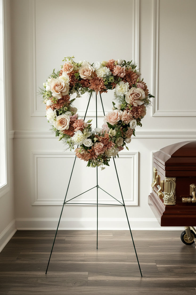 A large heart-shaped floral arrangement on a black metal easel stand, featuring blush pink, peach, cream, and white flowers with green foliage, set against a backdrop of light pink curtains and dark wood flooring.