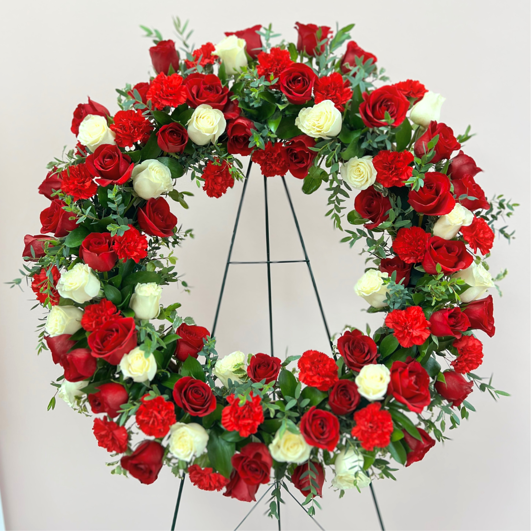 Sympathy Funeral Flower wreath on stand