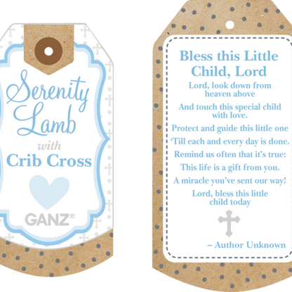 Two tags with text and branding, one featuring 'Serenity Lamb' and 'GANZ', the other with a prayer.