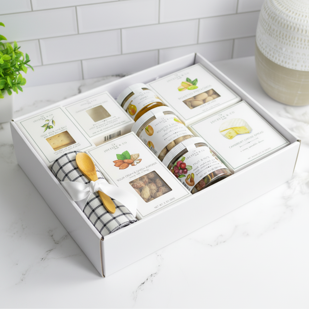 Gift box with various food items and a mug on a marble surface