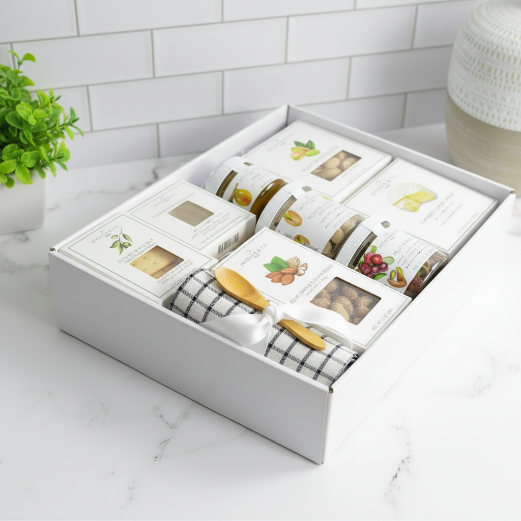 Gift box with assorted snacks on a white marble surface with a plant and candle in the background.