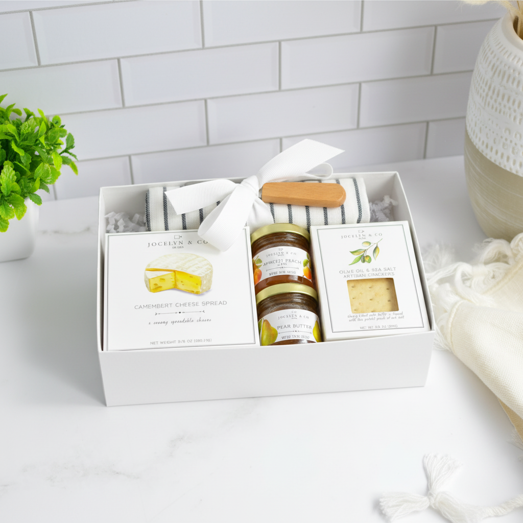 Charcuterie Gift set with jars and a box on a marble surface in Cincinnati and Florence, Kentucky