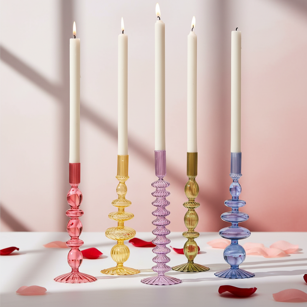 Colorful glass candle holders with candles on a soft pink background
