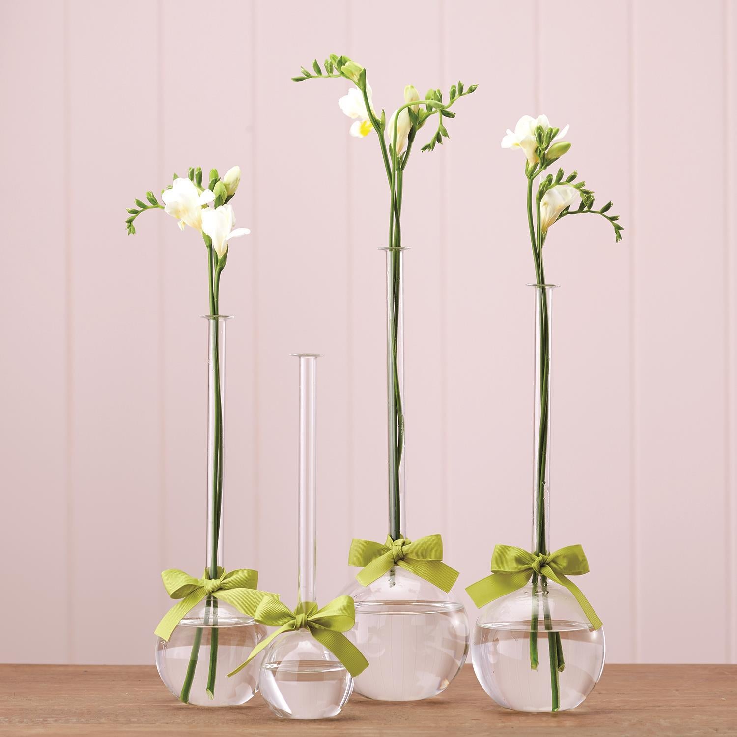 Budvases with green fabric bow detail 