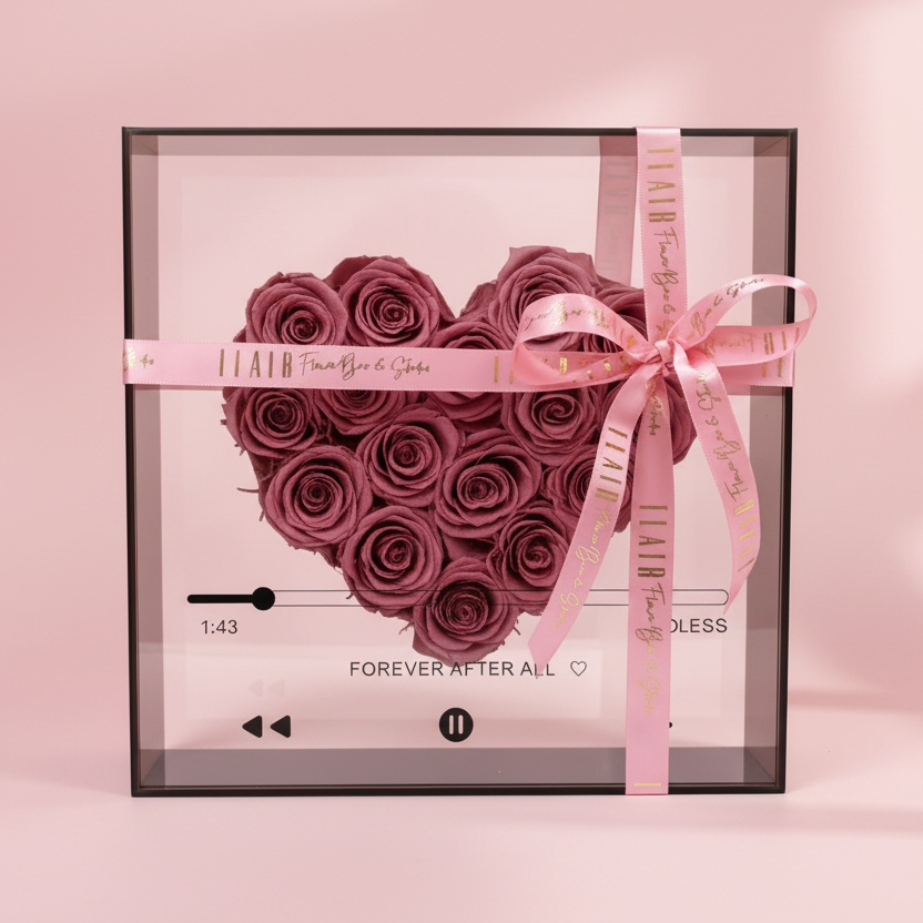 Heart-shaped arrangement of preserved roses in a clear box with a pink ribbon on a light background for delivery in Cincinnati by Flair Flower Bar