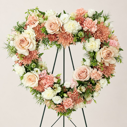 Heart-shaped floral funeral wreath arrangement featuring blush pink, peach, and Quicksand roses, carnations, and green foliage, displayed on a black metal stand for Cincinnati or Northern Kentucky Delivery to local funeral homes