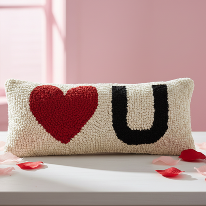 Decorative pillow with a heart and 'I ❤️ U' text on a pink background
