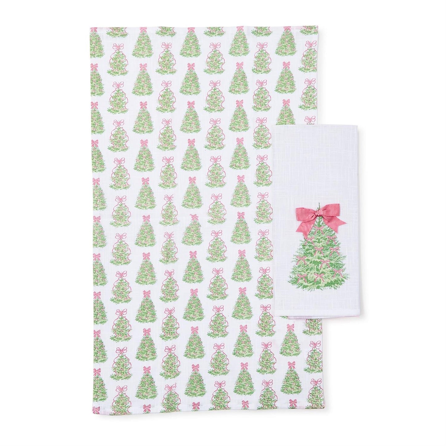 Two kitchen towels with Christmas tree and bow pattern on a white background