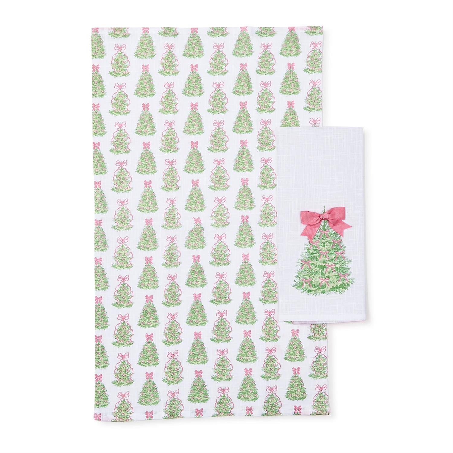 Two kitchen towels with Christmas tree and bow pattern on a white background