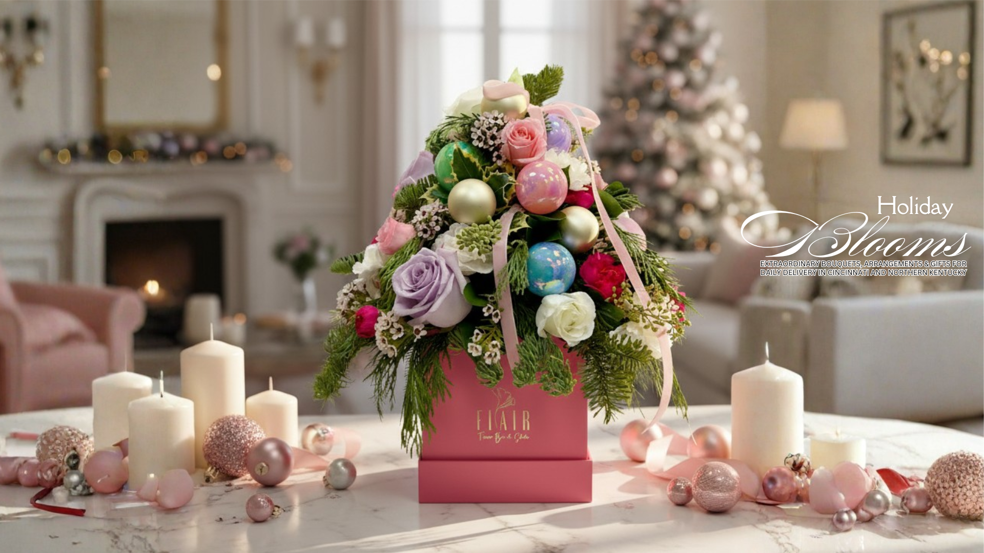 Decorative floral arrangement with colorful ornaments on a table in a festive living room for flower delivery in Cincinnati and Northern Kentucky