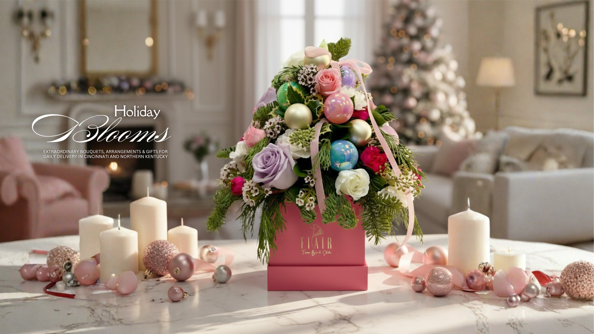Decorative floral arrangement with colorful ornaments on a table in a festive living room for flower delivery in Cincinnati and Northern Kentucky