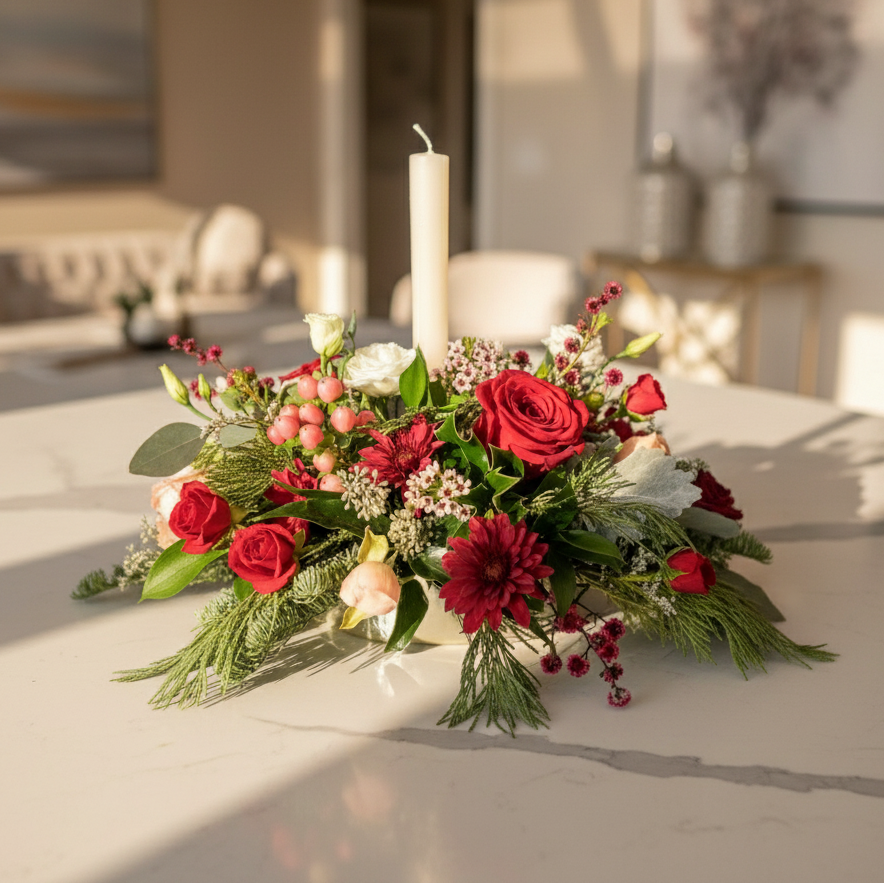 Holiday Centerpiece arrangement with a candle
