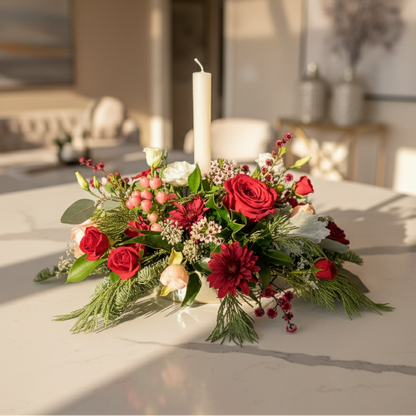 Holiday Centerpiece arrangement with a candle
