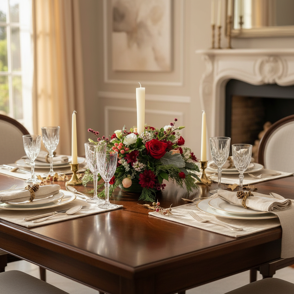 Elegant dining table setting with floral centerpiece, candles, and fine china in a cozy room.