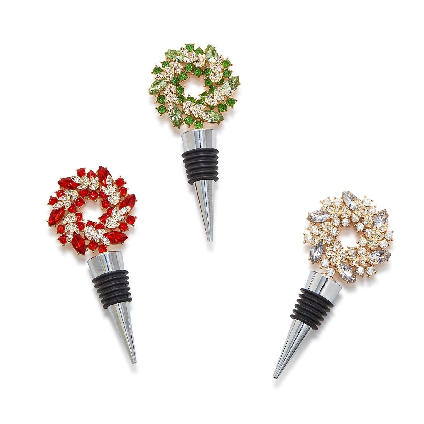 Holiday Wreath Jeweled Bottle Stoppers in Gift Box Assorted 3 Colors: Red, Green, Pink - Flair Flower Bar & Studio