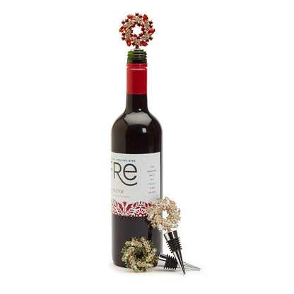 Holiday Wreath Jeweled Bottle Stoppers in Gift Box Assorted 3 Colors: Red, Green, Pink - Flair Flower Bar & Studio
