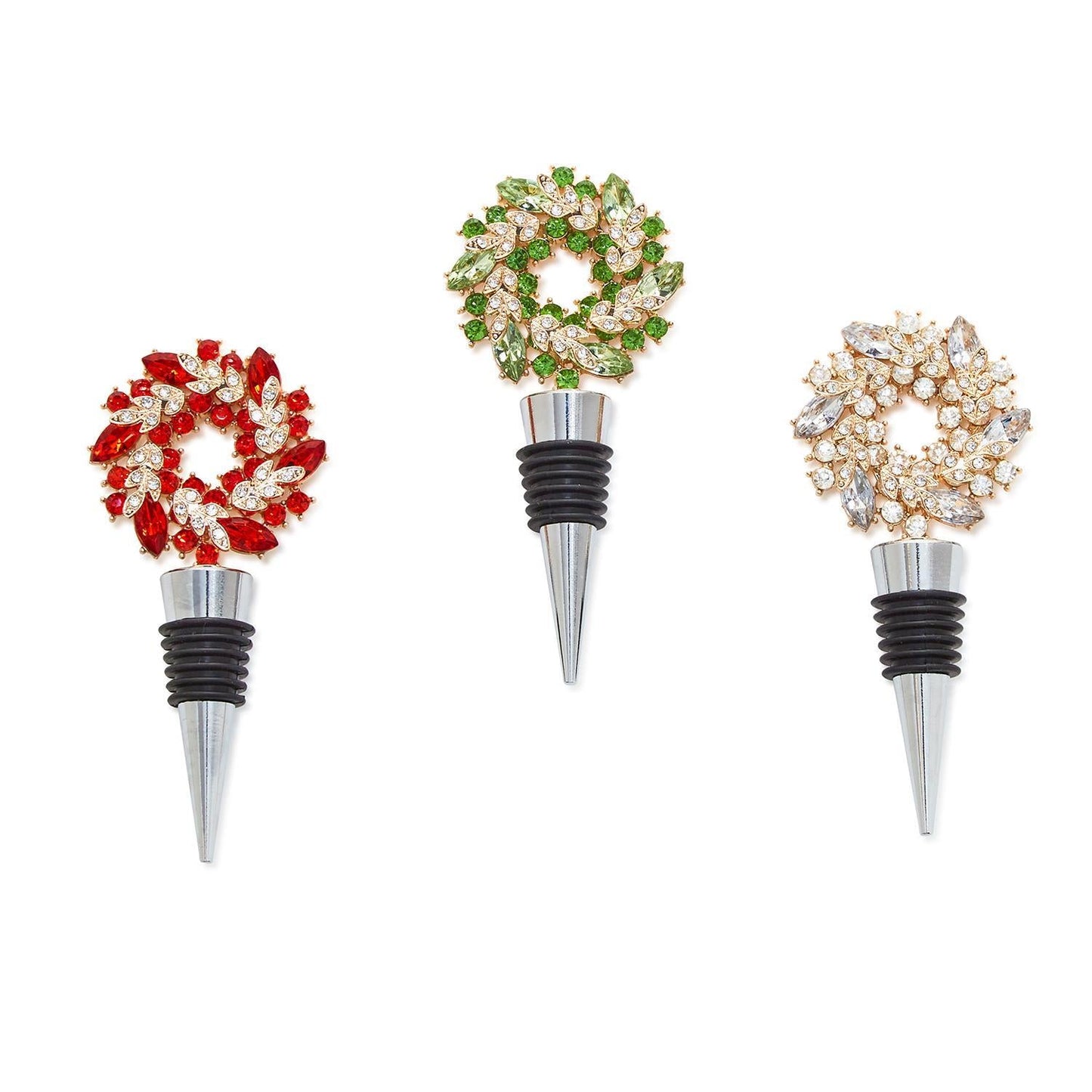 Holiday Wreath Jeweled Bottle Stoppers in Gift Box Assorted 3 Colors: Red, Green, Pink - Flair Flower Bar & Studio