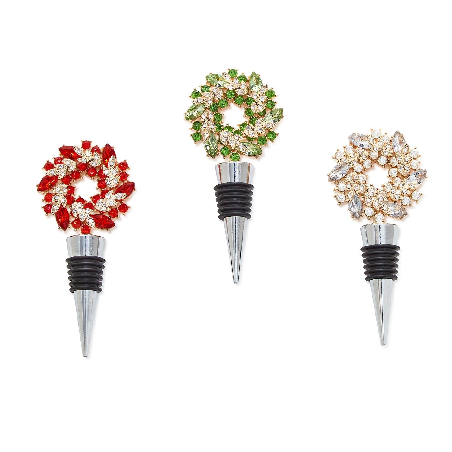 Holiday Wreath Jeweled Bottle Stoppers in Gift Box Assorted 3 Colors: Red, Green, Pink - Flair Flower Bar & Studio