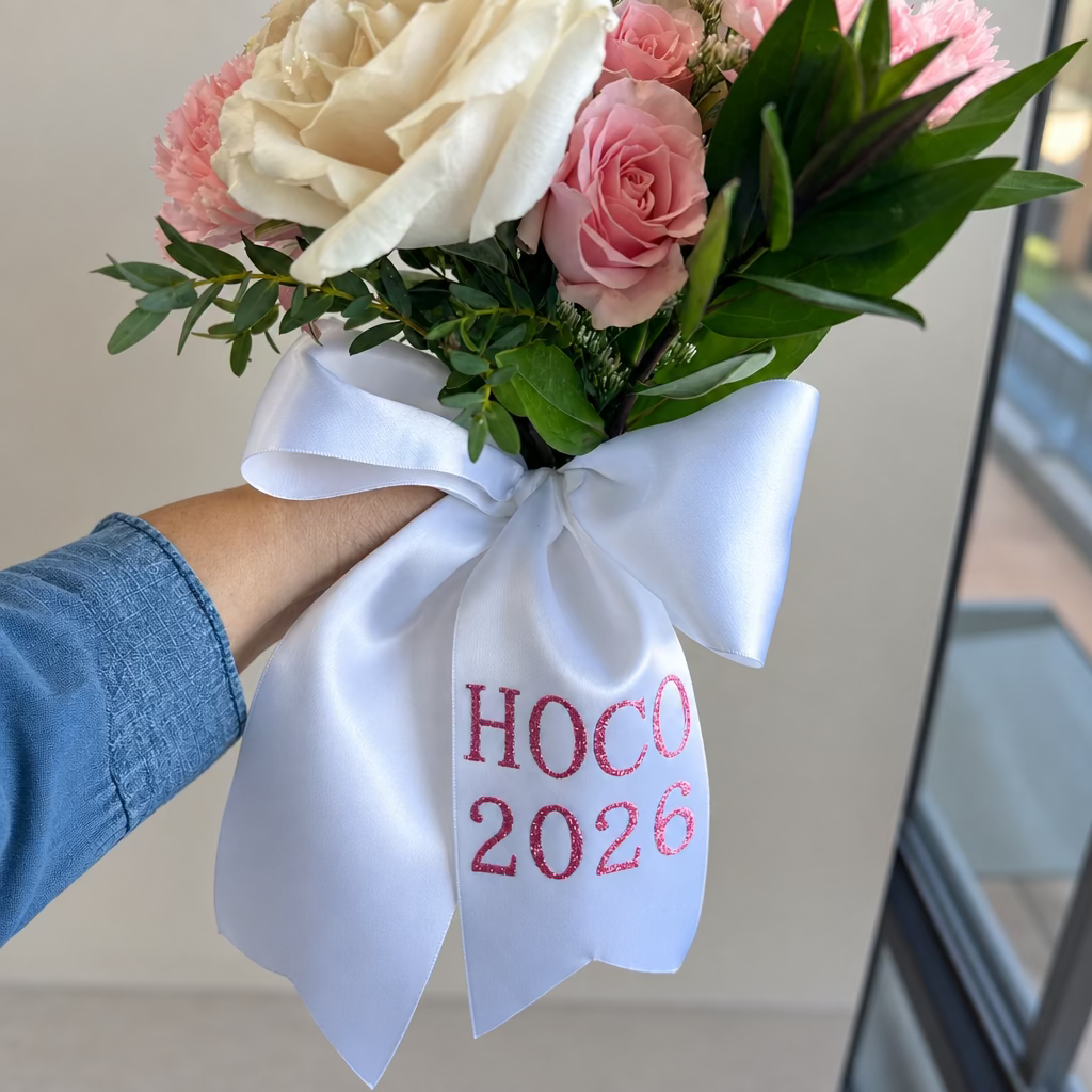 A close-up of a hand holding a bouquet of pink and cream roses with green leaves, tied with a large white satin bow printed with 'HOCO 2026' in pink glitter.